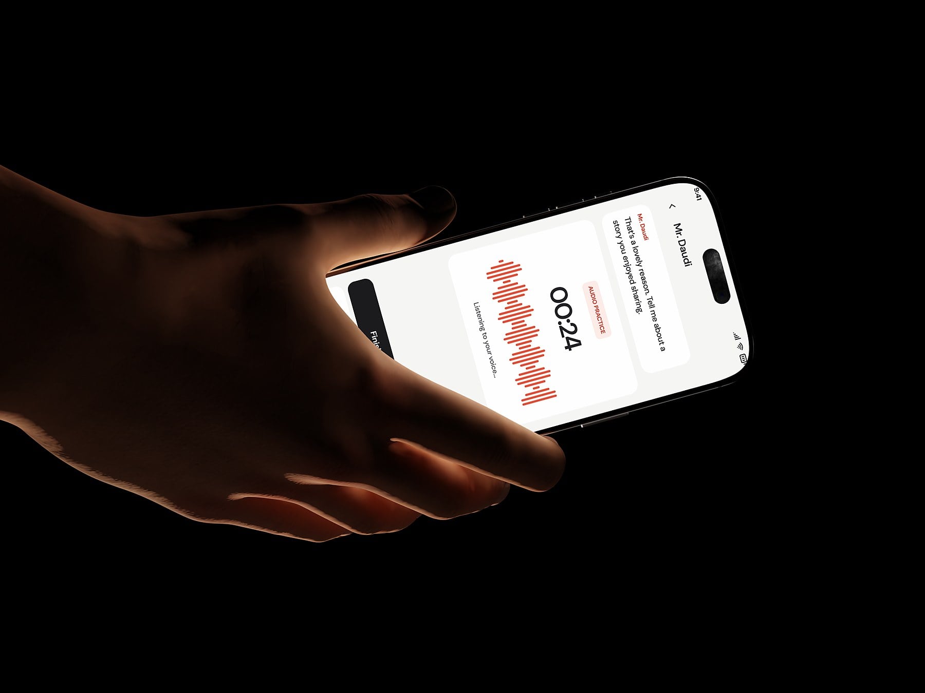 A hand holding a phone running NenaCoach, recording an audio practice session